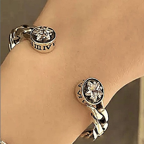 Vintage Sterling Silver Star Zircon Bangle Cuff Chain Link Design Bracelet - Picture 3 of 11